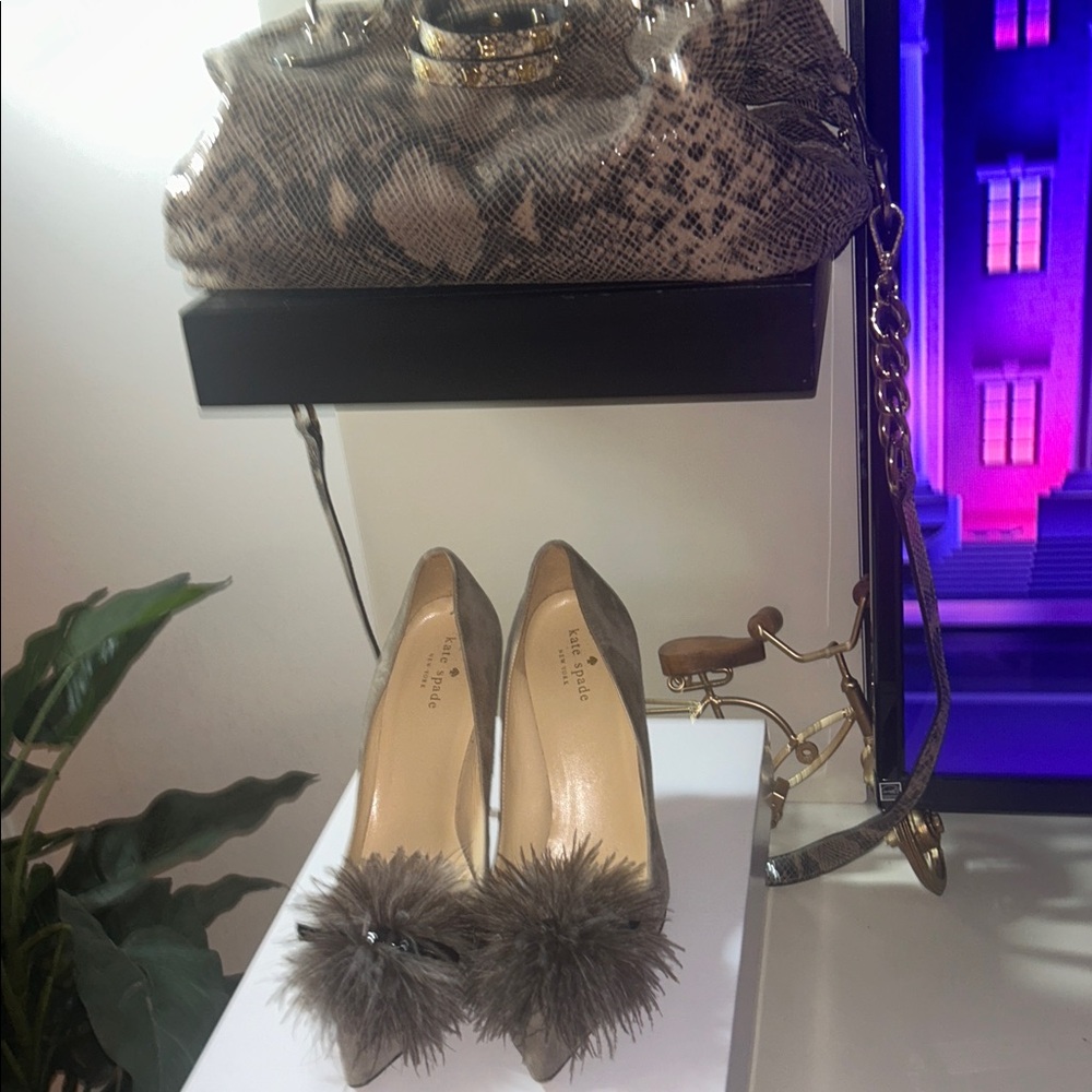 Elegant Kate spade Gray Heels with Fur Detail( matching MK bag available too)